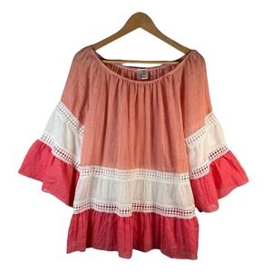 Kaktus Womens L Coral White Colorblock Lace Trim Peasant Blouse Boho Cottagecore